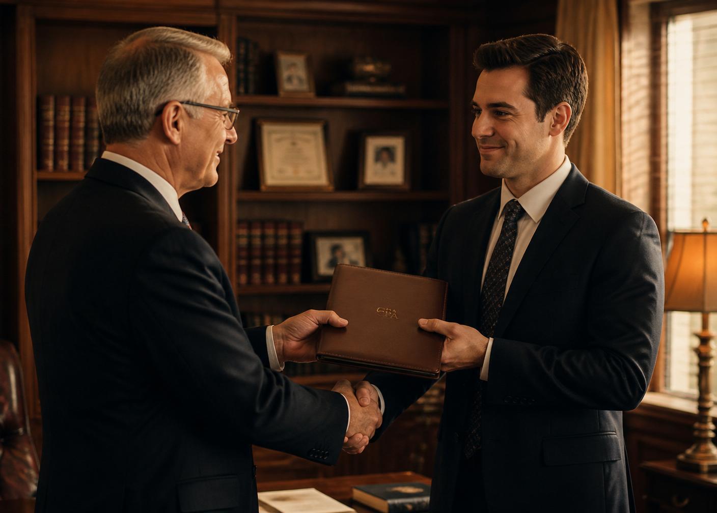 A dignified handshake between two accounting professionals